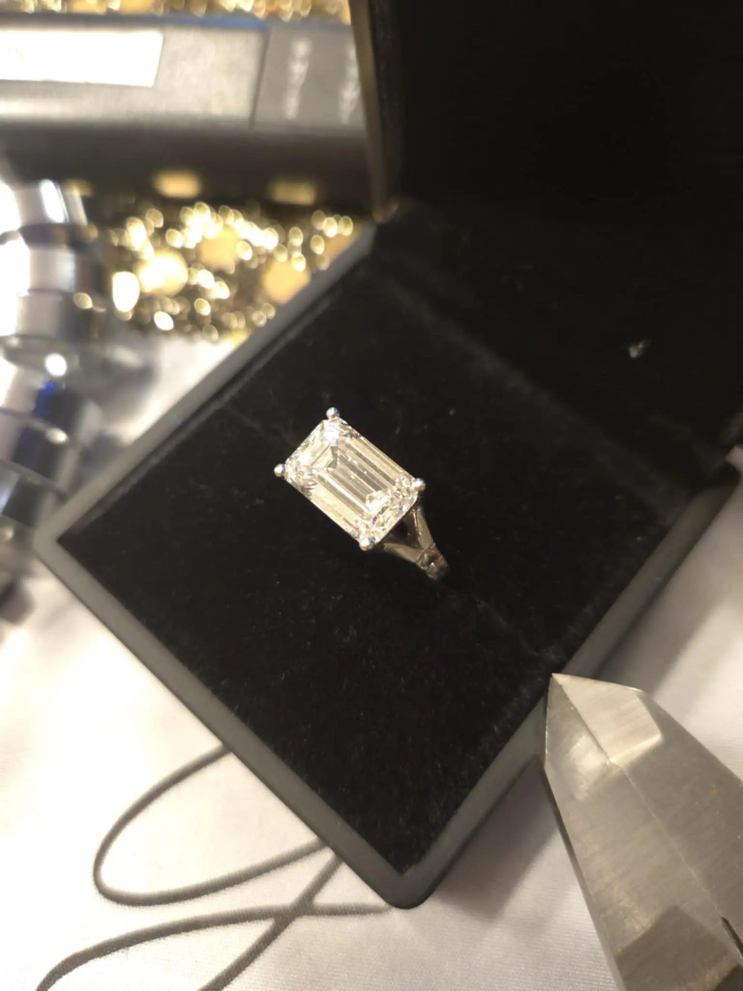 5.2tcw Emerald Cut Lab Diamond, Split Shank, Pave Band, Horizontal Set Certified Ring