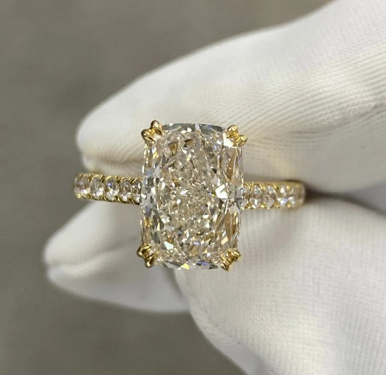 3.9tcw Elongated Cushion, Double Claw Prong, Hidden Halo & Accent Stones, Pave Certified Engagement Ring