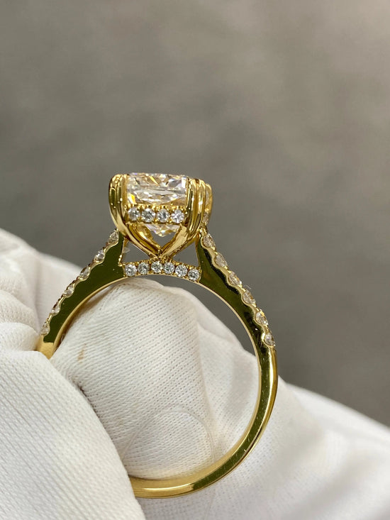 3.9tcw Elongated Cushion, Double Claw Prong, Hidden Halo & Accent Stones, Pave Certified Engagement Ring
