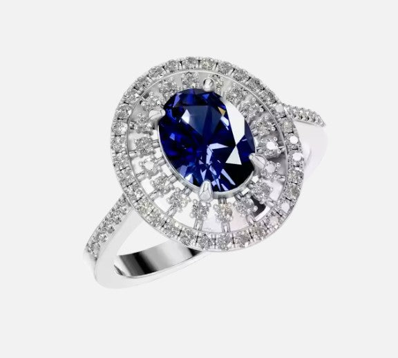 1.5ct Certified Oval Natural Sapphire with Art Deco Halo & Pave Band