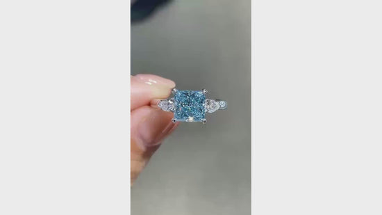 2tcw Princess Cut, Blue Lab Diamond, Three Stone Ring